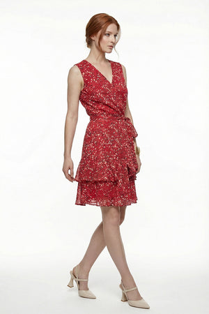 Vestido casual sin manga cuello V color rojo con estampado