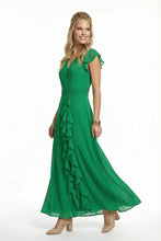 Cargar imagen en el visor de la galería, Maxi vestido elegante color verde con olanes cuello V