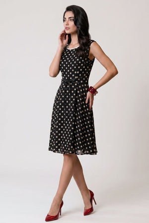 Vestido casual cuello redondo color negro con lunares