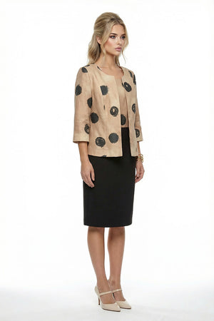 Conjunto de vestido bicolor con saco estampado color café