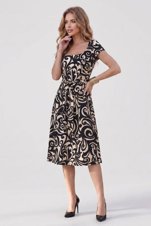 Vestido cuello cuadrado manga corta con estampado negro