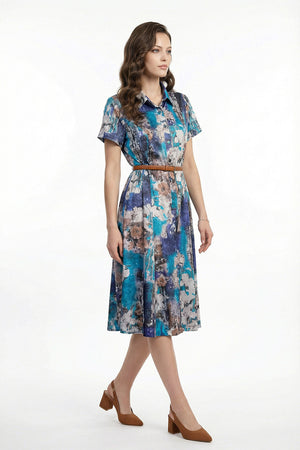 Vestido camisero con estampado azul manga corta