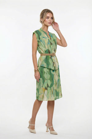 Conjunto verde estampado de blusa estampada con falda