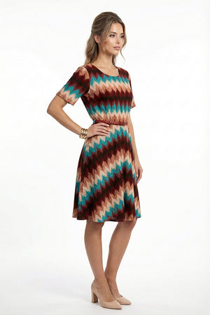 Vestido multicolor cuello redondo manga corta con cinturón