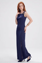 Cargar imagen en el visor de la galería, Maxi vestido elegante corte recto color azul marino