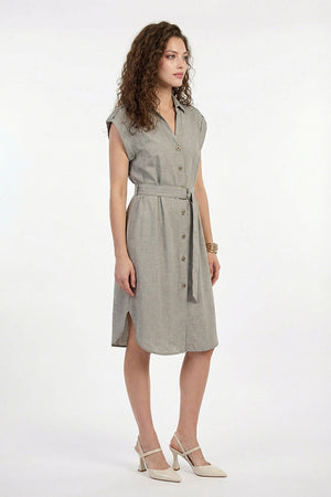Vestido camisero color gris manga cup con cinturón