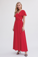 Cargar imagen en el visor de la galería, Maxi vestido elegante rojo con cuello V y manga con olanes