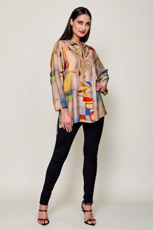 Camisa casual manga larga color café con estampado
