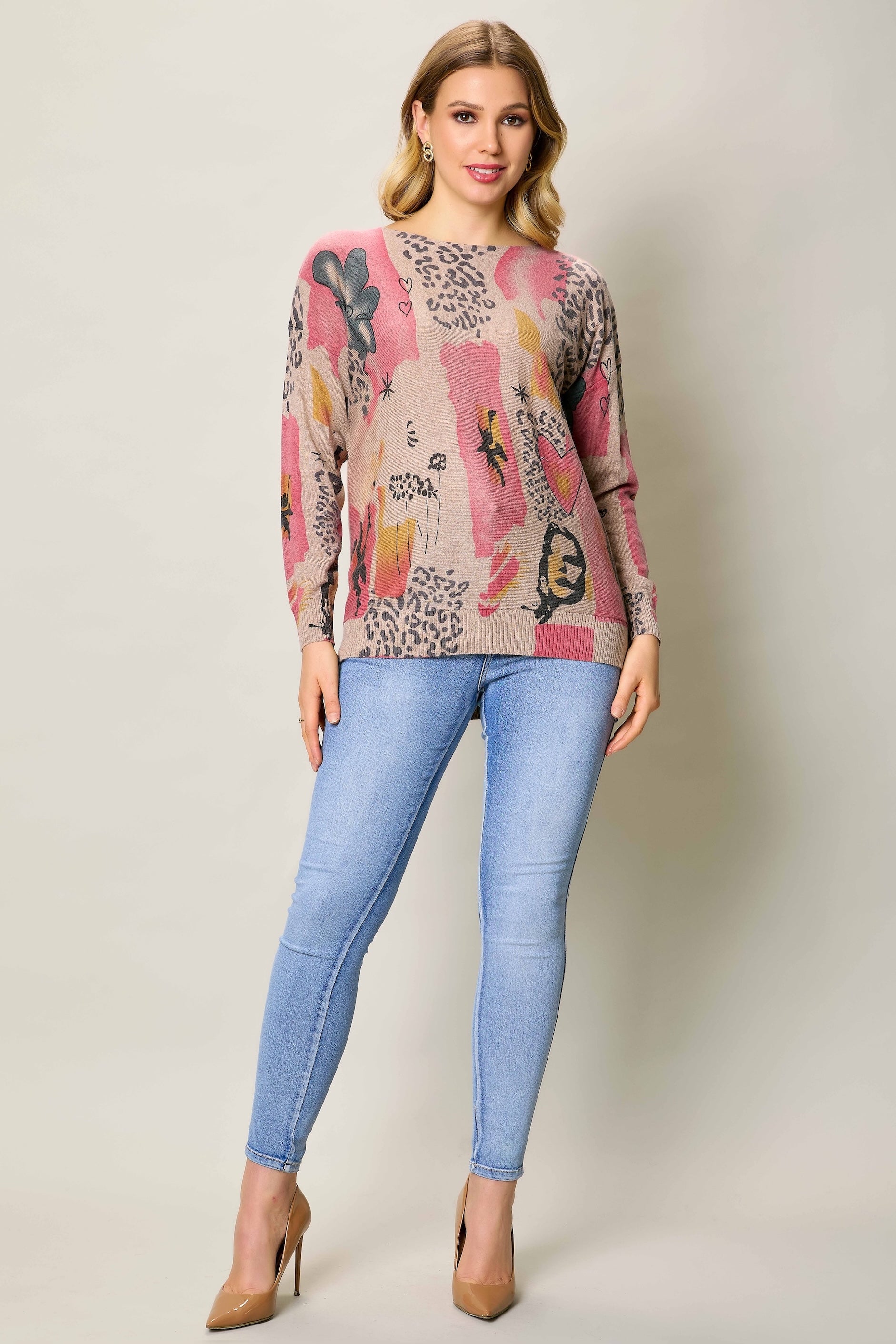 Blusa invernal manga larga con estampado color rosa
