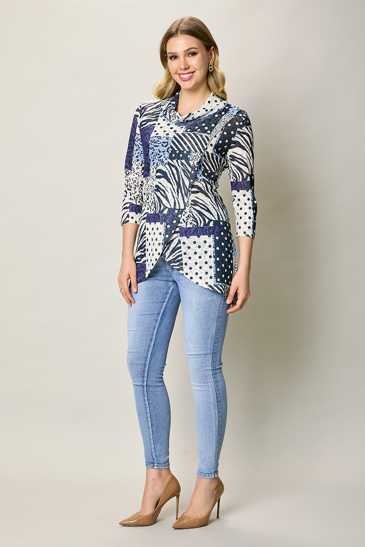 Blusa casual manga 3/4 corte irregular color azul
