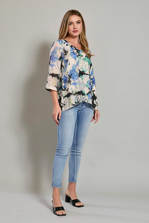 Blusa casual manga 3/4 con estampado color azul