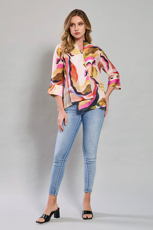 Camisa casual estampada manga 3/4 corte irregular