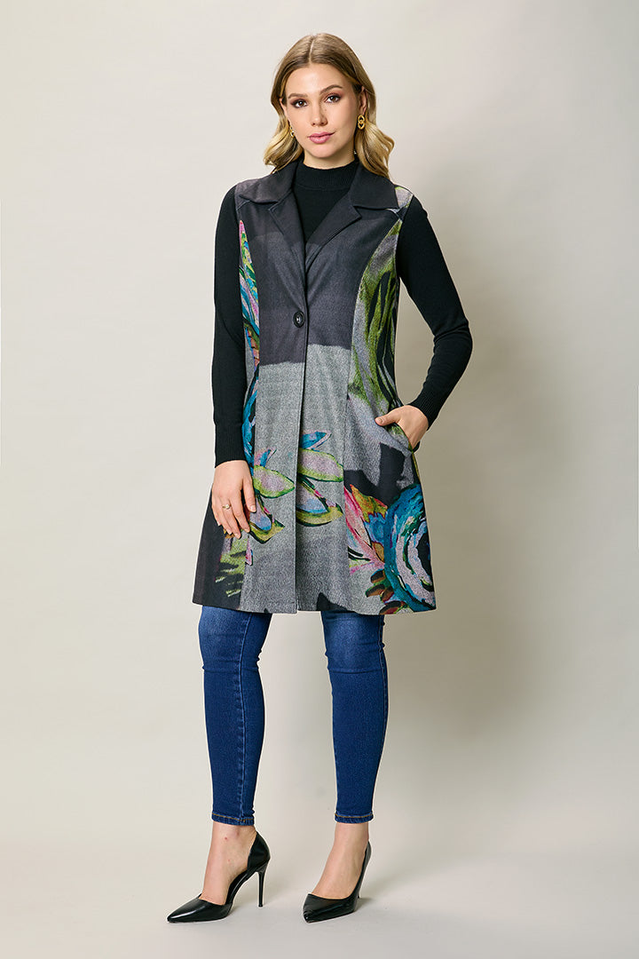Chaleco largo casual color negro estampado multicolor