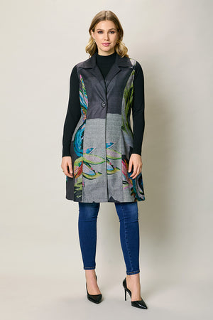 Chaleco largo casual color negro estampado multicolor