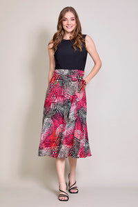 Vestido negro elegante con falda estampada y bolsillos