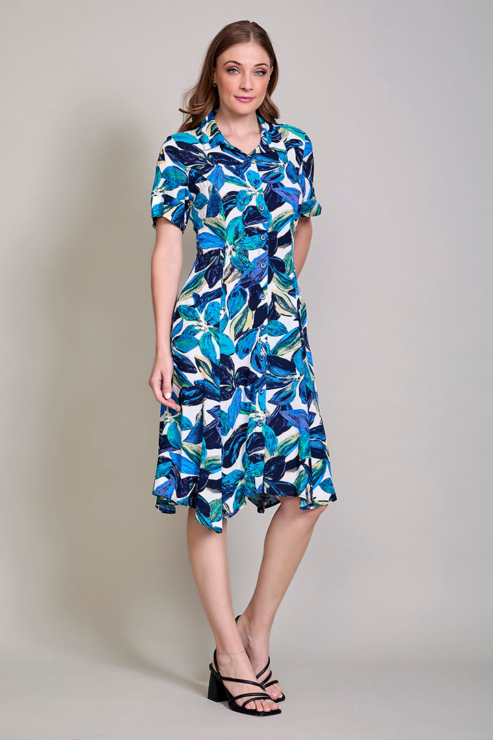 Vestido camisero color azul con botones manga corta
