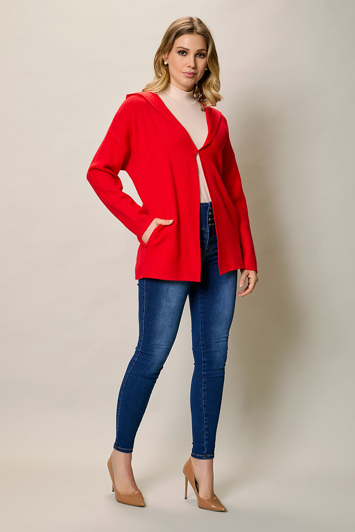 Suéter largo casual color rojo con bolsillos y gorro