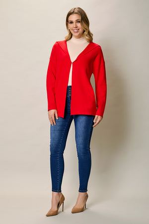 Suéter largo casual color rojo con bolsillos y gorro