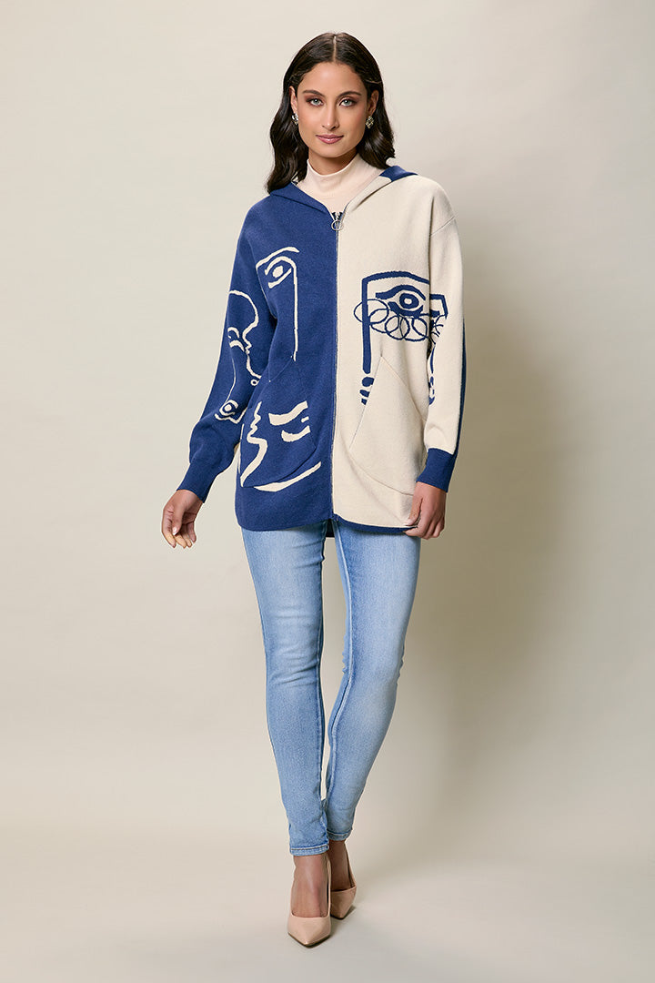 Suéter casual con cierre color azul estampado