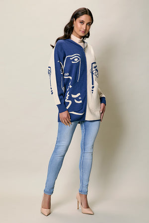 Suéter casual con cierre color azul estampado