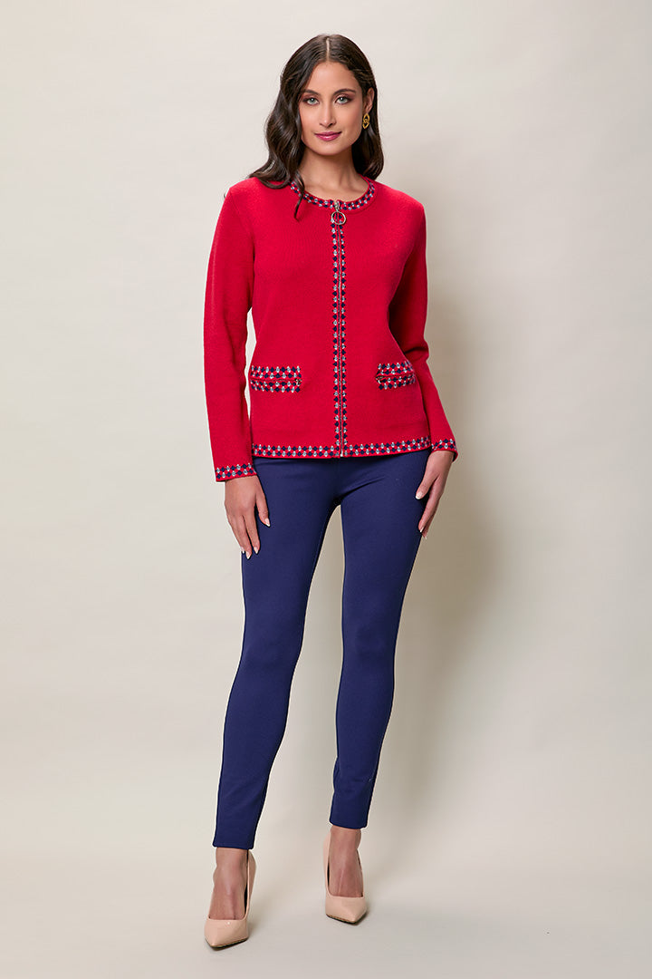 Suéter elegante color rojo con cierre y bolsillos