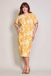 Conjuto plus color amarillo con blusa y falda recta