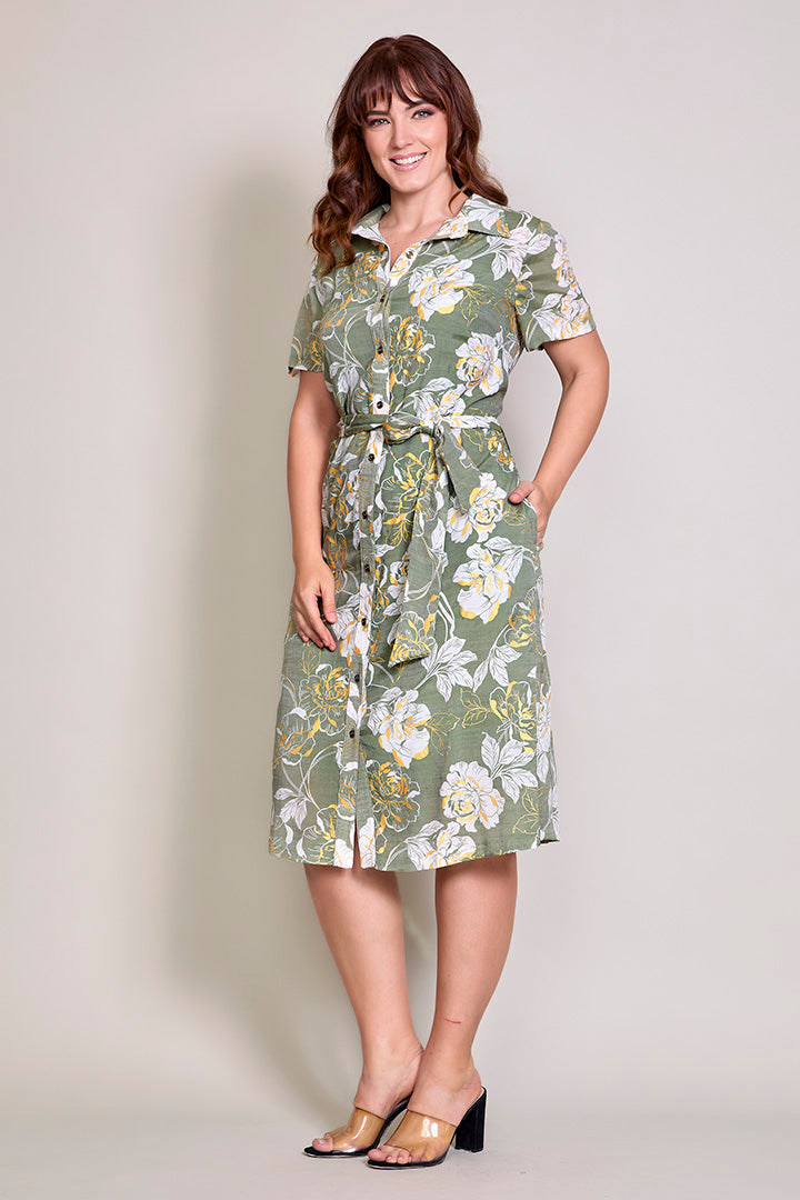 Vestido plus camisero color verde con estampado