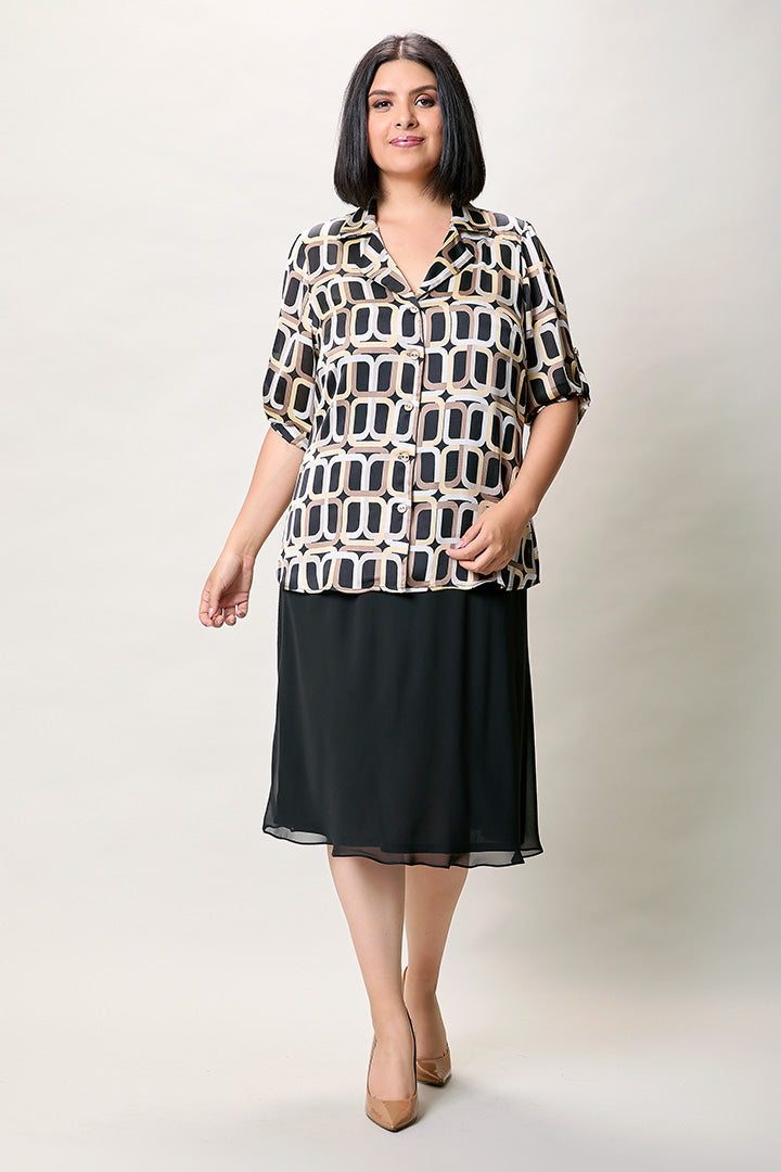 Conjunto plus con falda y blusa estampada color café