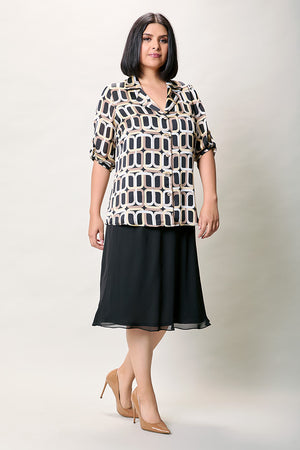 Conjunto plus con falda y blusa estampada color café