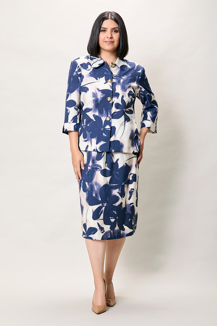 Conjunto plus estampado color azul con falda