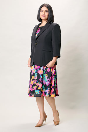 Vestido plus estampado multicolor con saco negro