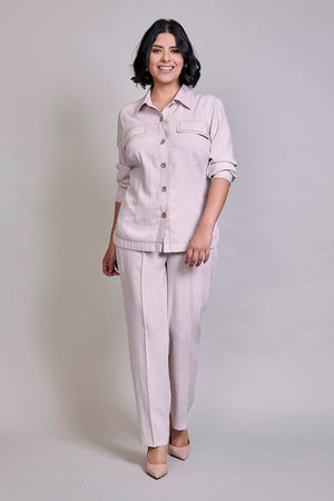 Conjunto plus rosa claro de camisa manga larga y pantalón