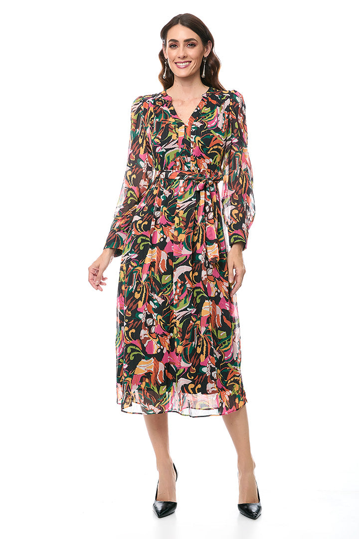 Vestido casual manga larga multicolor cuello v