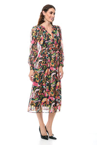 Vestido casual manga larga multicolor cuello v