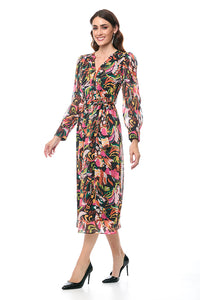Vestido casual manga larga multicolor cuello v