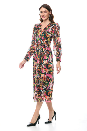 Vestido casual manga larga multicolor cuello v