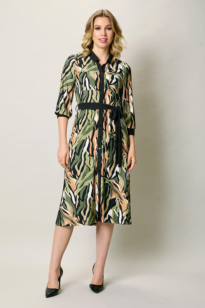 Vestido casual camisero con estampado color verde