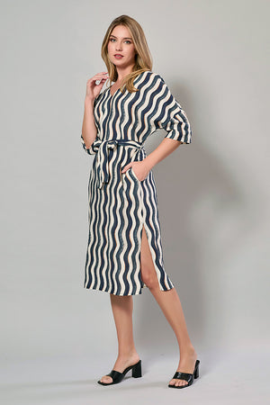 Vestido casual cuello v manga 3/4 con estampado