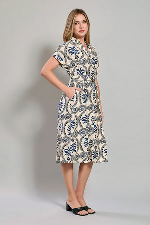 Vestido casual manga corta con cinturón y estampado